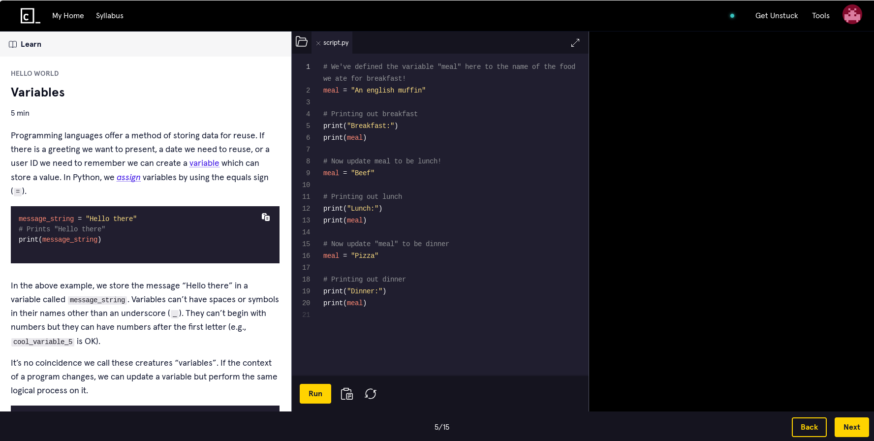 screenshot of a lesson from a Codecademy course