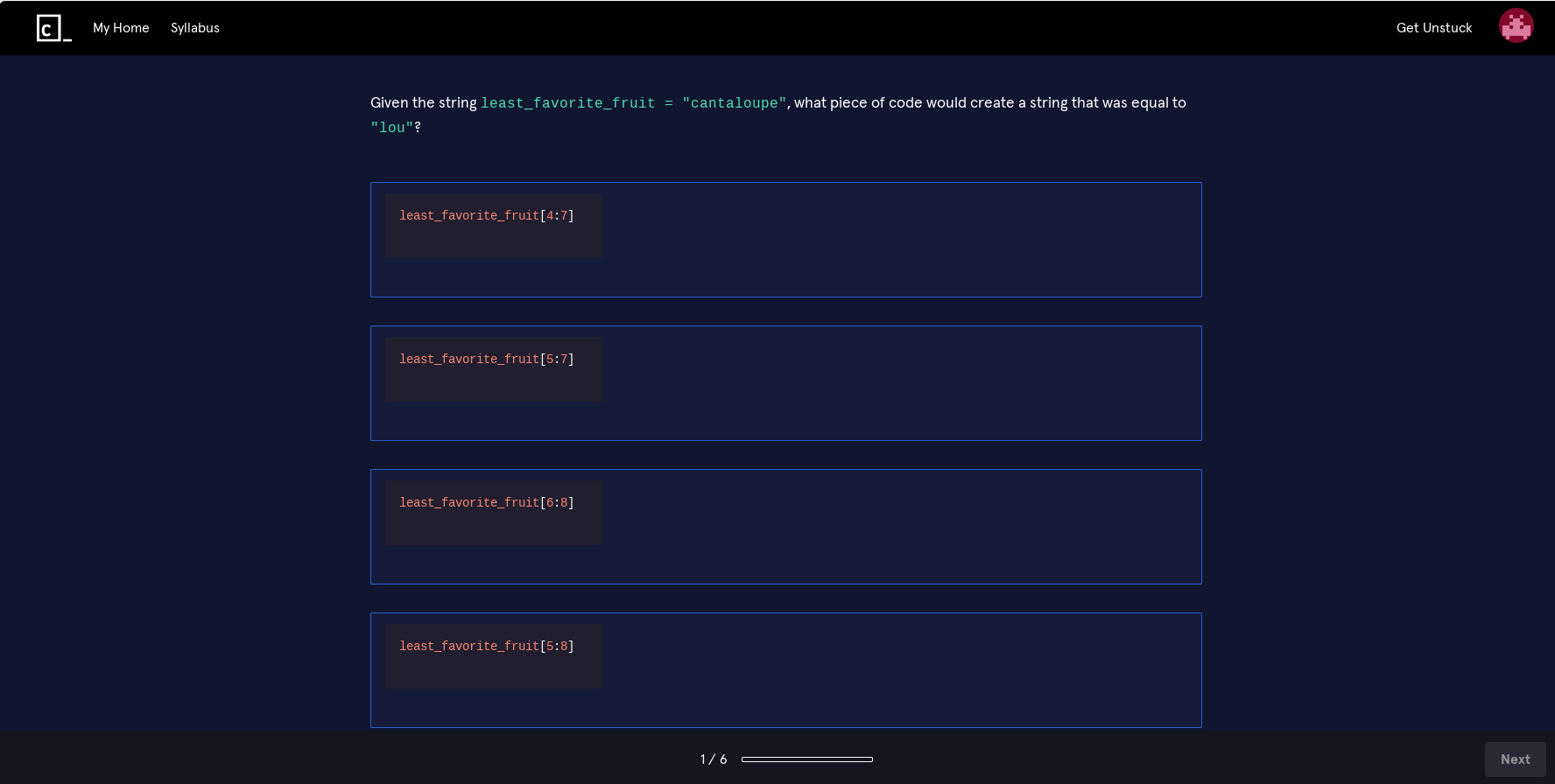 screenshot of a quiz from a Codecademy course